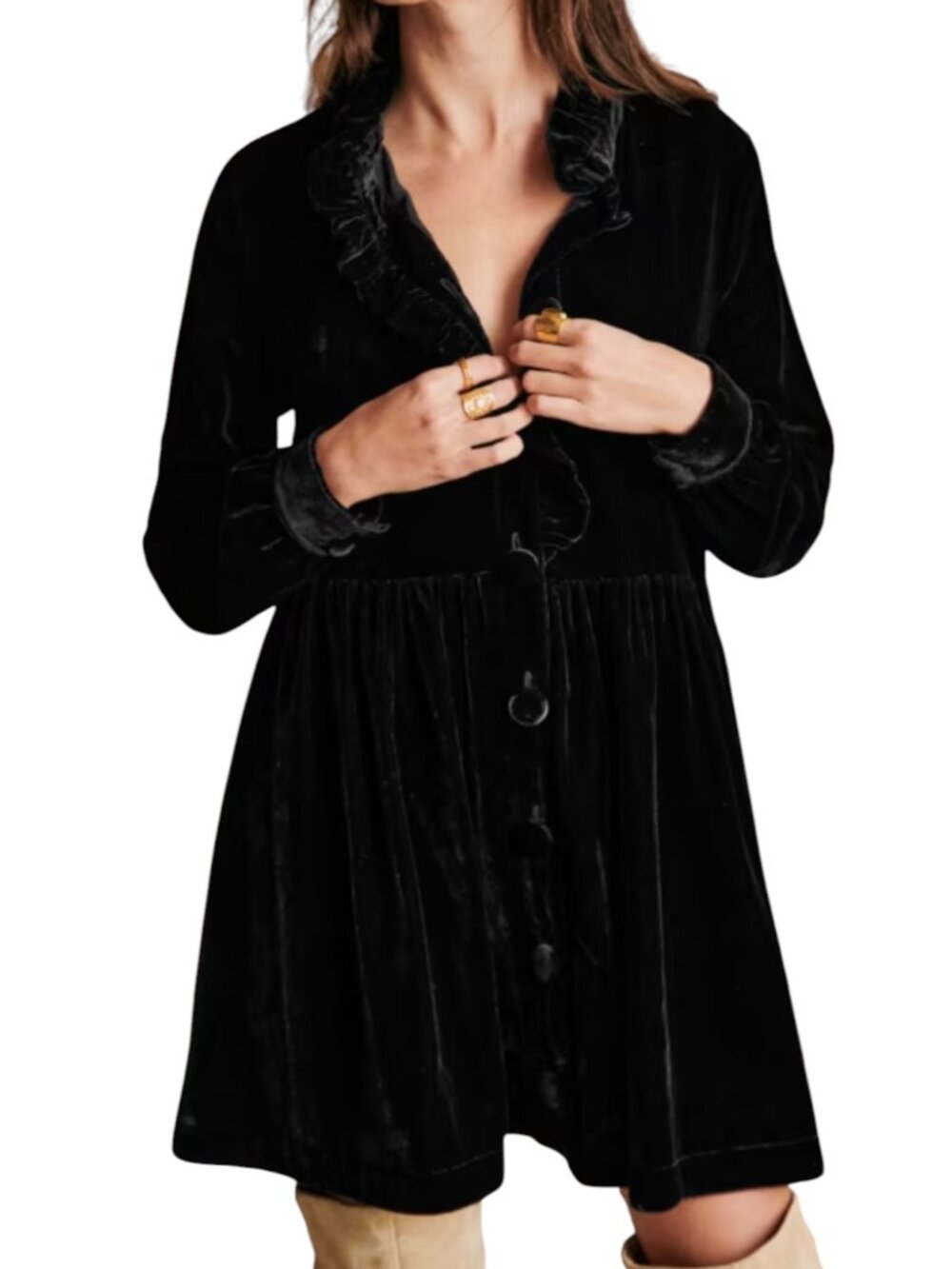 Sezane Sybelle Velvet Mini Dress Ruffle Button Front Black 36 US 4